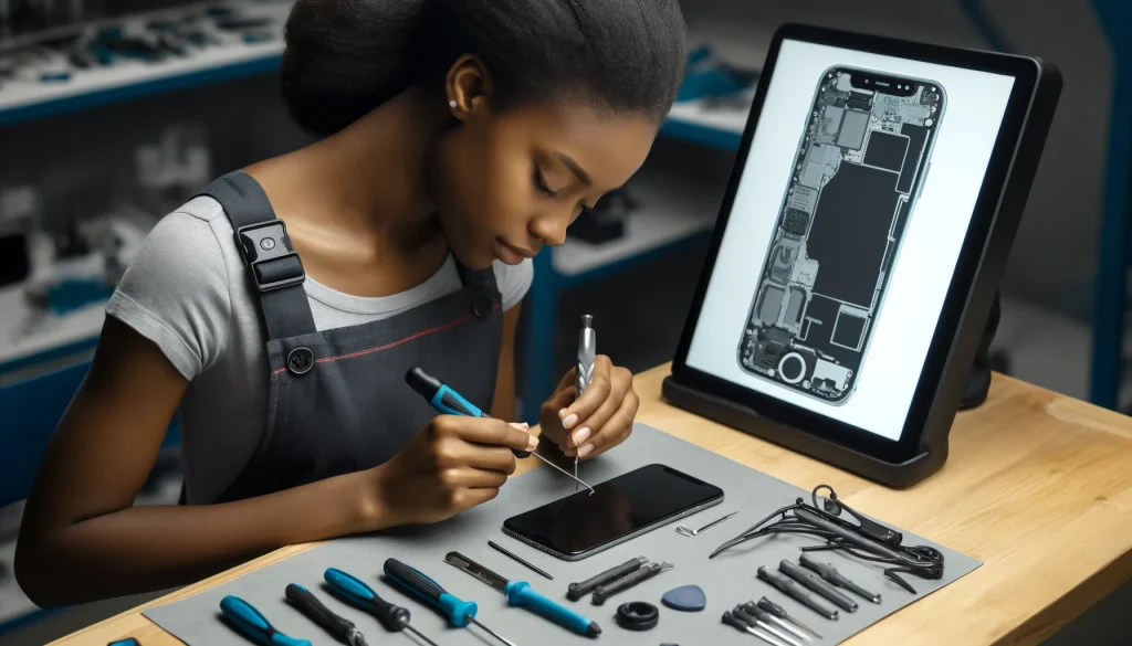 「iPhone画面修理の焦点を当てた技術的なシーン。若い黒人女性技術者が割れたiPhoneの画面を交換しており、専門的なツールと手順を示すデジタル図が隣の画面に表示されている。ワークショップは現代的でよく装備され、画面修理の成功に必要な複雑さと精密さが強調されている。」